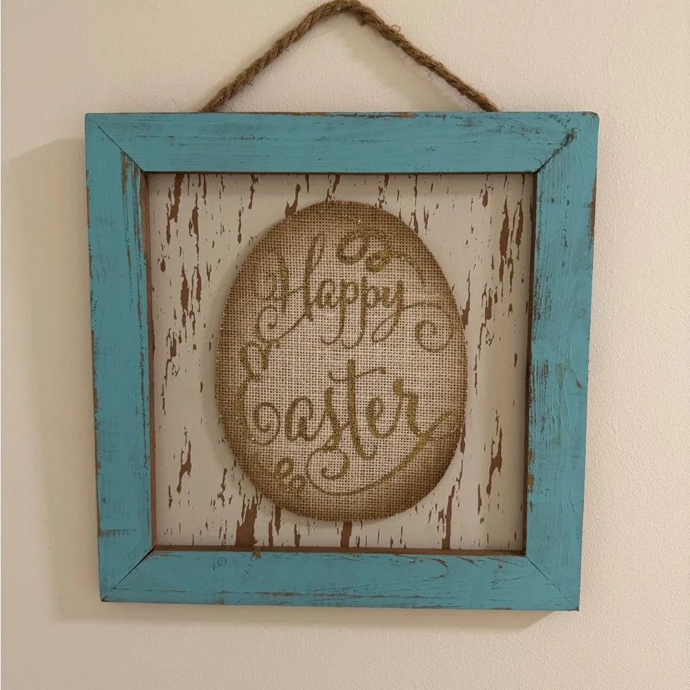 Happy Easter Sign Blue Spring Distressed Wood Wall Hanging Shelf Display 12 inch